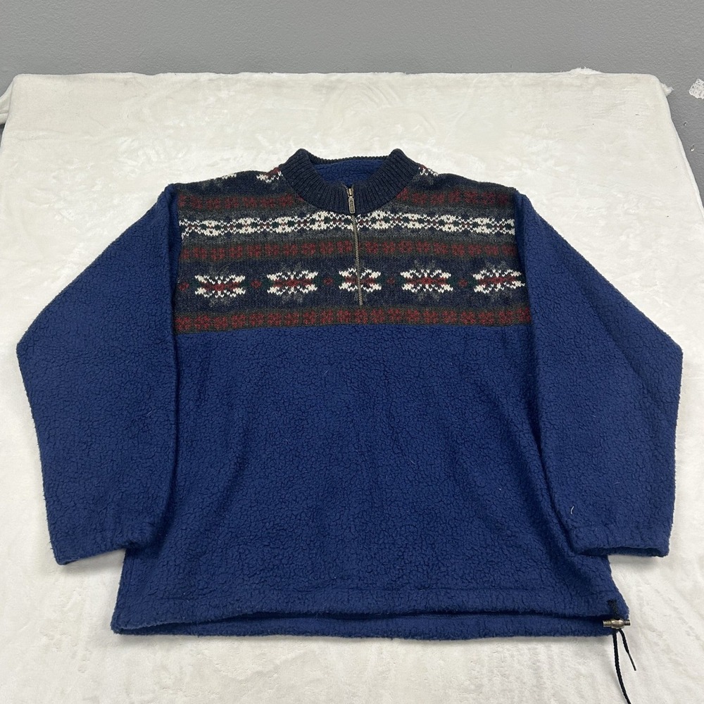 L.L. Bean Fleece Pullover Mens Large Blue Fair Isle Wool Yoke Quarter Zip USA